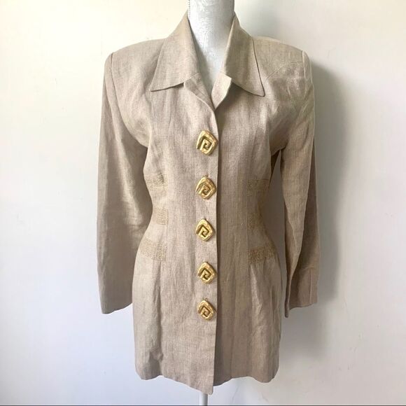 Vintage Fabulous Beige Gold Retro Linen Jacket - Picture 2 of 13